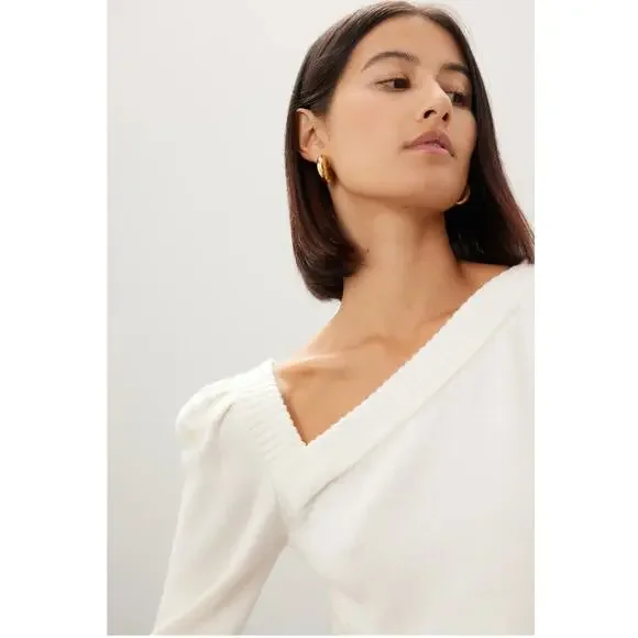 Marissa Webb Sweater Womens X Small White Asymmetric Knit Puff Sleeve Wool Blend - Picture 5 of 11